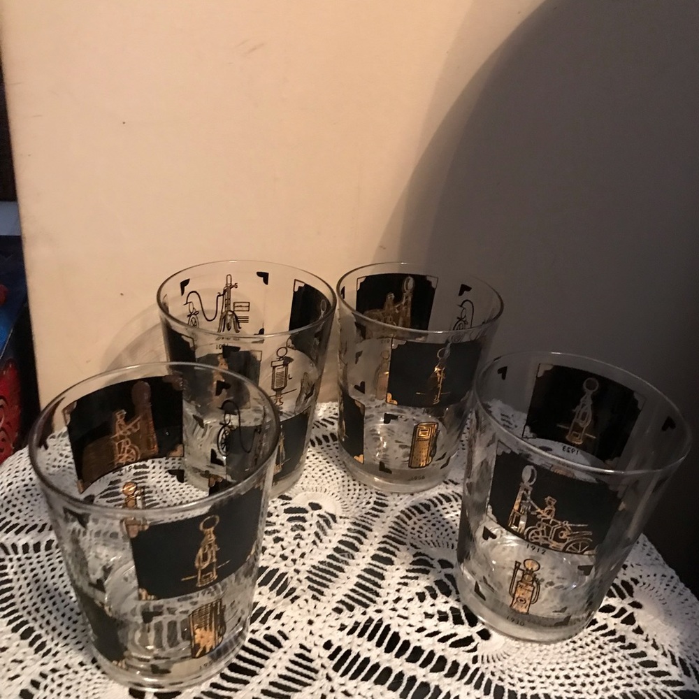 4 Vintage MCM Black/Gold Oil & Gas Pump Cocktail Glasses Thru the Years MAN CAVE